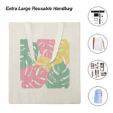 Extra large reusable tote bag with monstera leaf print. Canvas shopping bag in pink, yellow, green. From MyArtsyGift.
