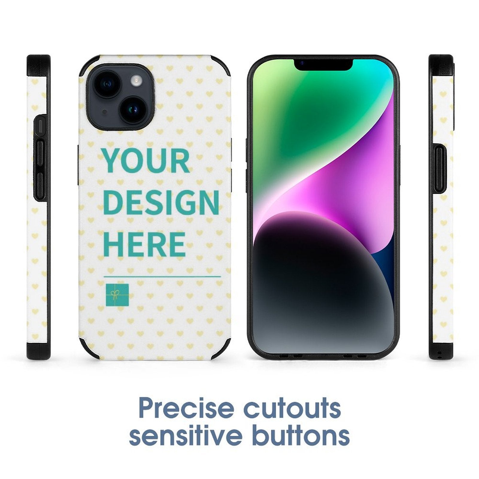 Custom iPhone 14 Case with YOUR DESIGN HERE, featuring precise cutouts and sensitive buttons.