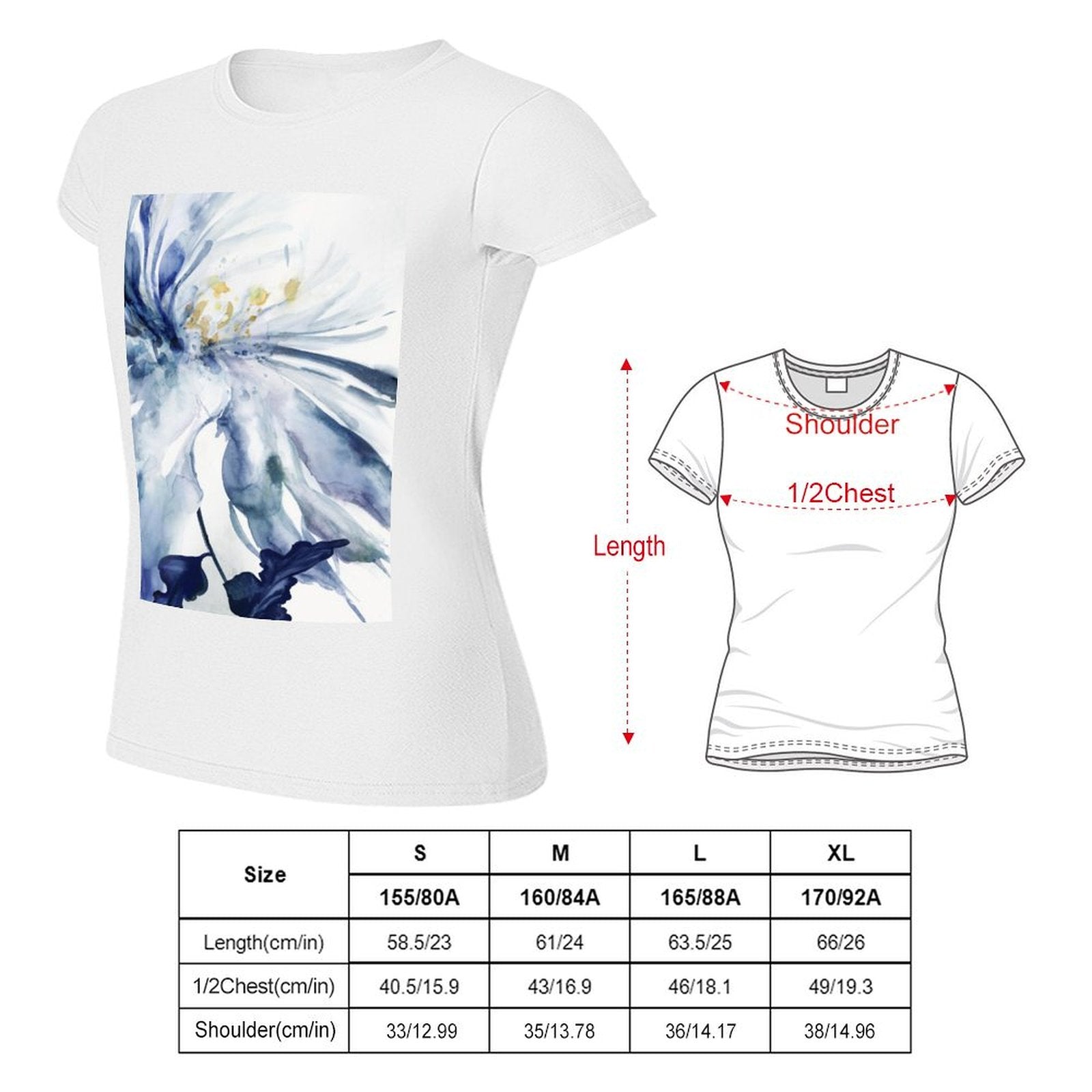 Women's white t-shirt featuring watercolor floral print; includes size chart. Perfect customizable gift from MyArtsyGift.