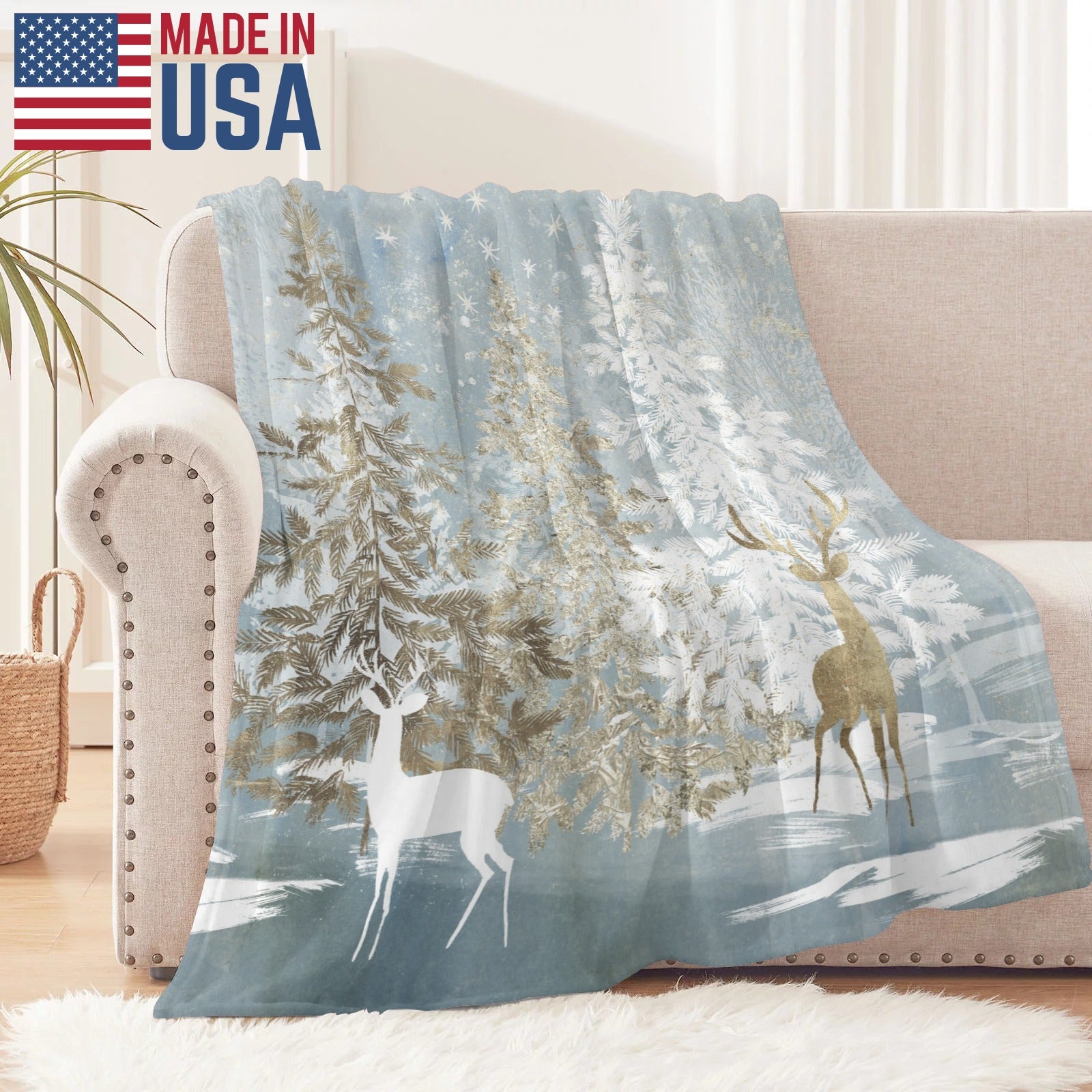 Blue Winter Forest Deer Flannel Blanket for Sofa or Bed, Made in USA