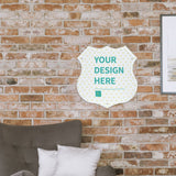 Custom metal shield sign with "YOUR DESIGN HERE" on brick wall, perfect for garage, kitchen, bar decor