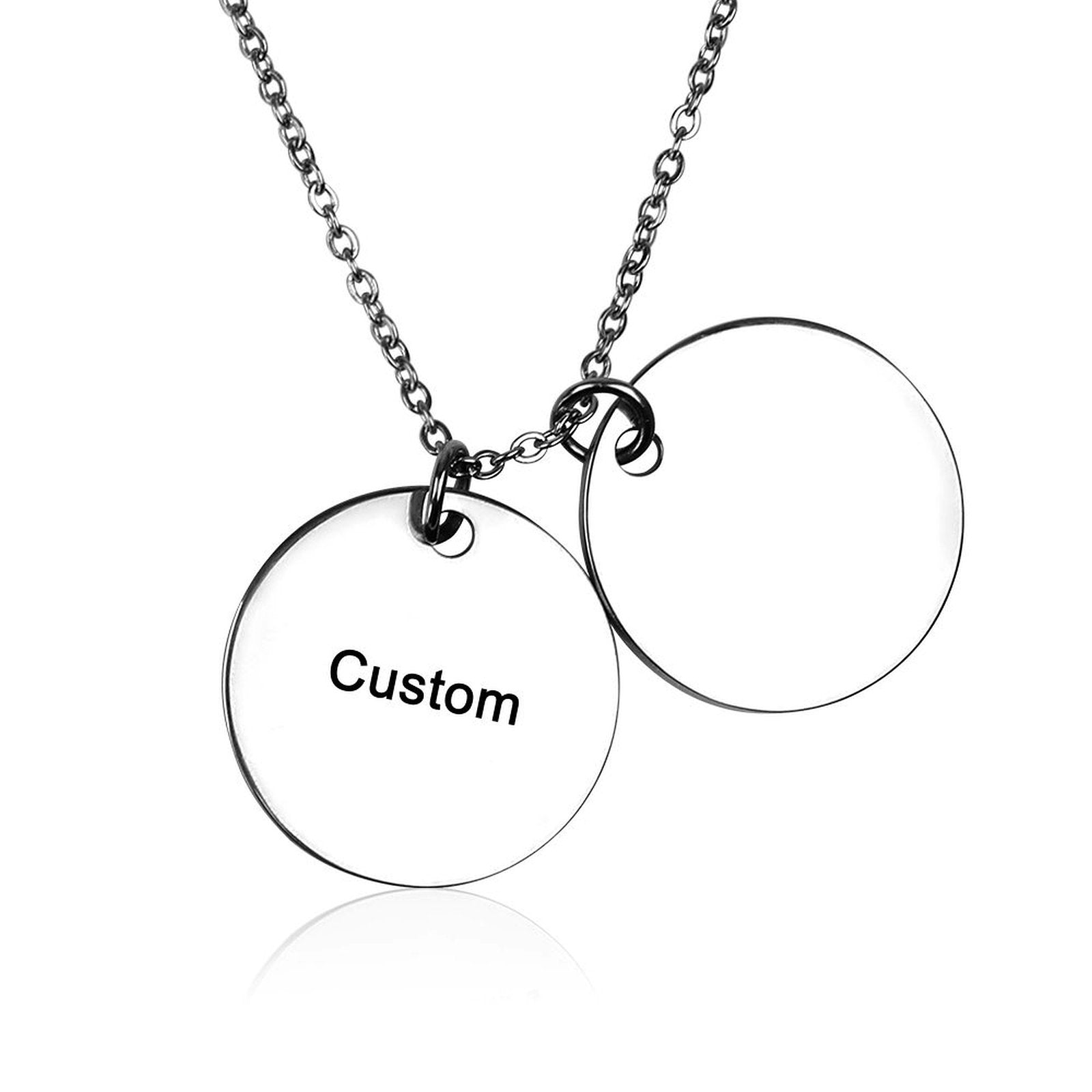 Customizable titanium steel double disc pendant necklace for men and women. Personalized gift.