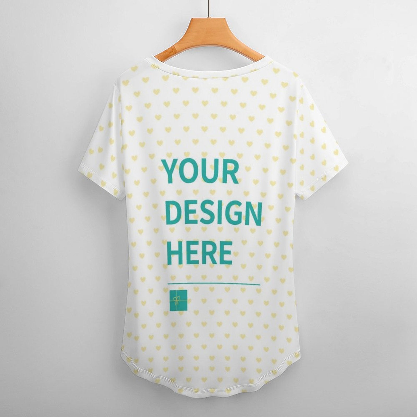 Customizable white V-neck t-shirt with heart pattern and your design here. Casual women's top.