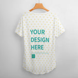 Customizable white V-neck t-shirt with heart pattern and your design here. Casual women's top.