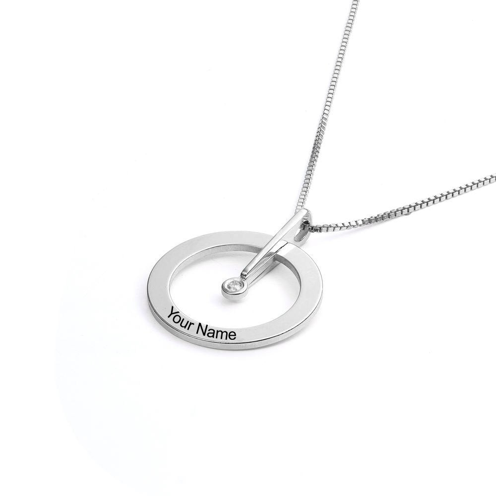Personalized silver circle necklace for women with custom text, diamond pendant, Your Name engraved.