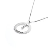 Personalized silver circle necklace for women with custom text, diamond pendant, Your Name engraved.