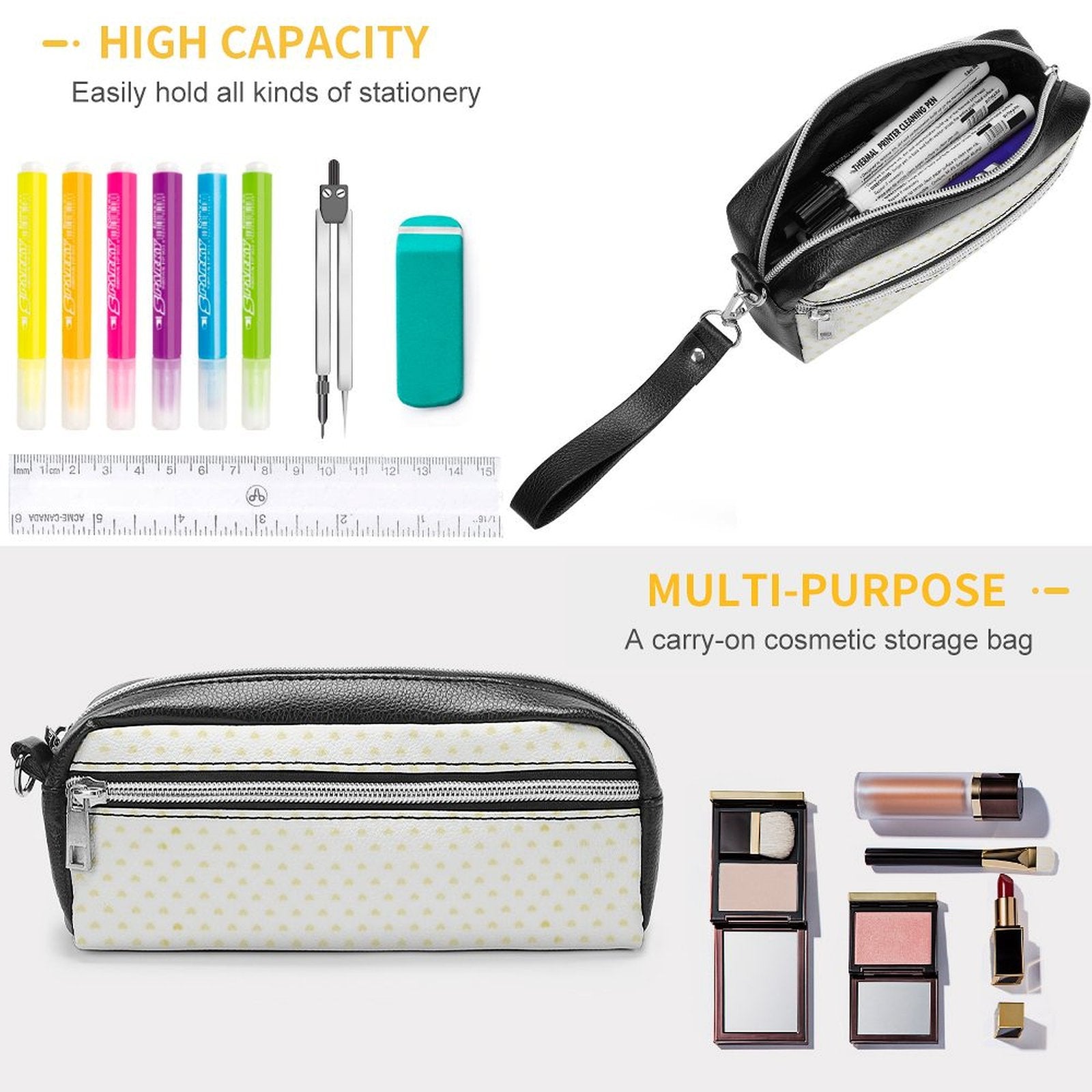 Lychee leather cosmetic bag, a personalized pencil case, makeup pouch for women and girls, high capacity, multi-purpose.