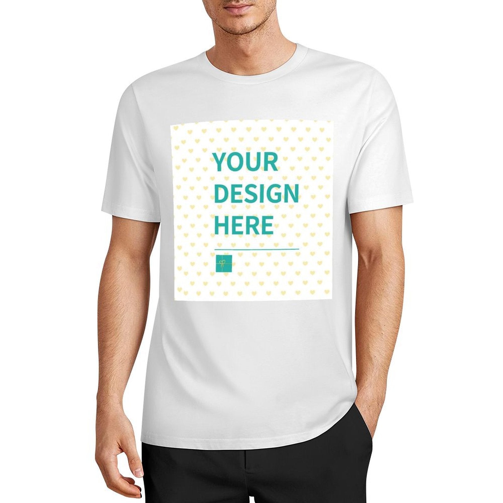 White cotton t-shirt with YOUR DESIGN HERE graphic, customizable for men and women, perfect for personalized gifts.