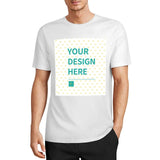 White cotton t-shirt with YOUR DESIGN HERE graphic, customizable for men and women, perfect for personalized gifts.