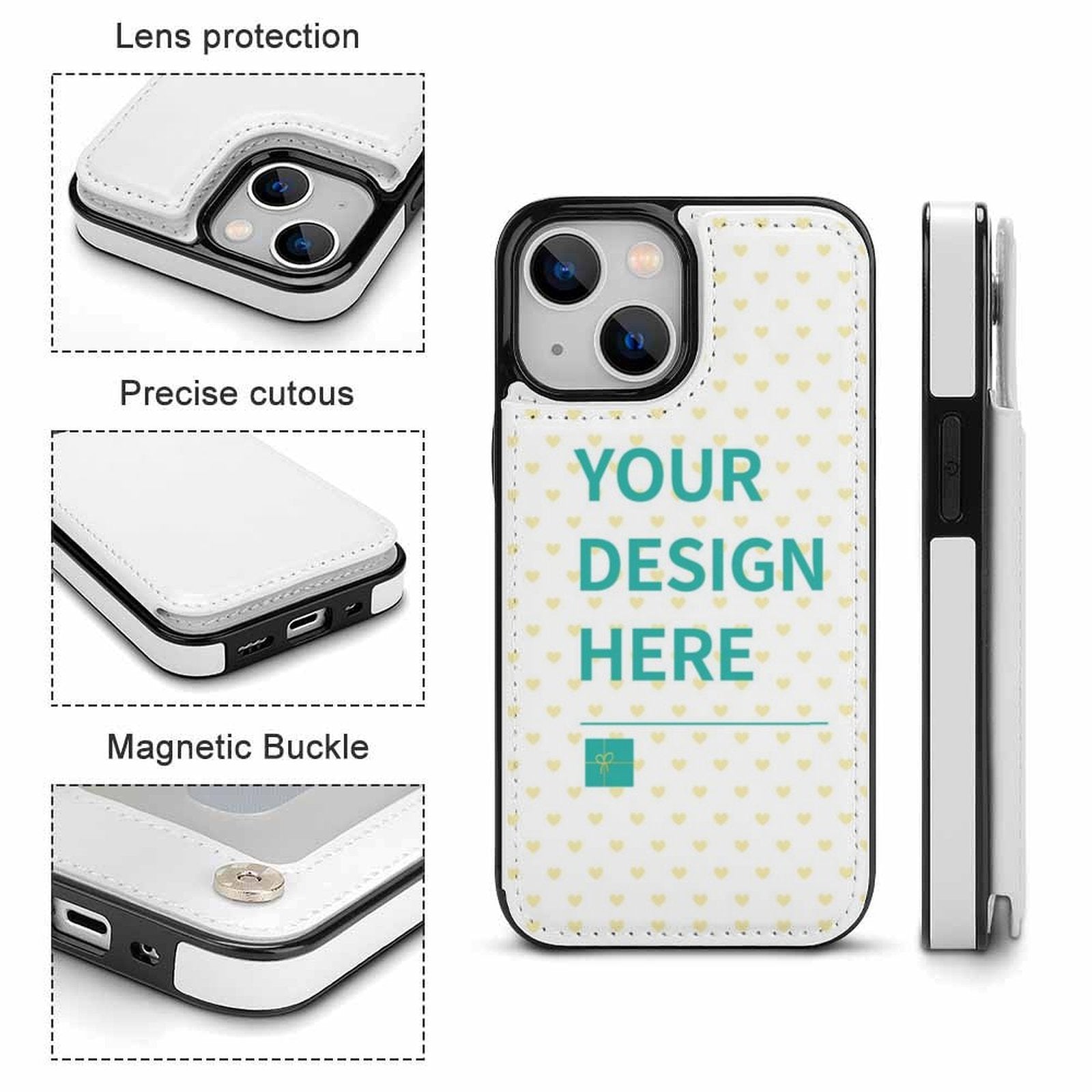 Personalized iPhone 13 flip case in white leather with custom design, card slot and magnetic closure.