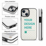 Personalized iPhone 13 flip case in white leather with custom design, card slot and magnetic closure.