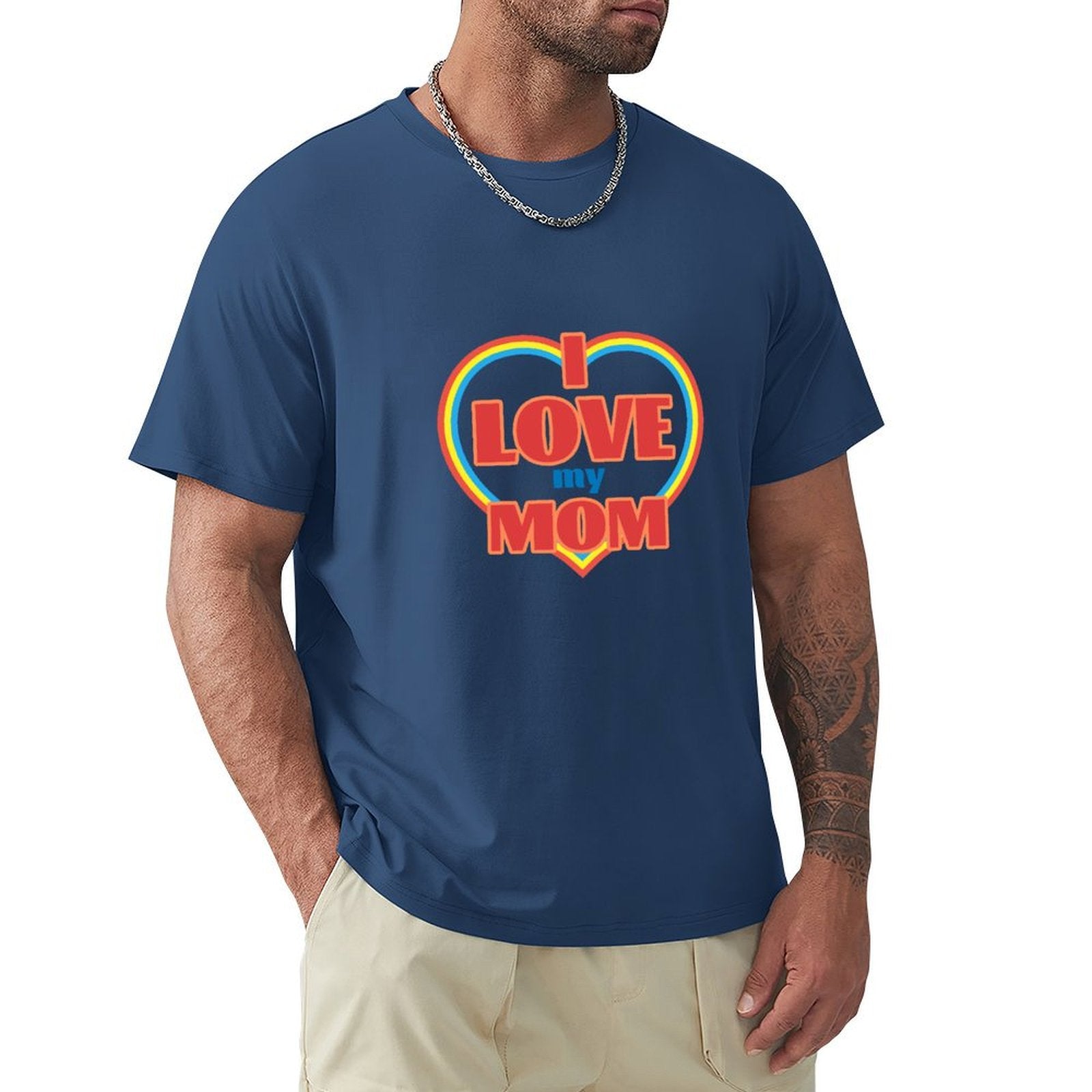 Navy cotton men's t-shirt with 'I Love My Mom' design from MyArtsyGift. Classic tee, perfect gift