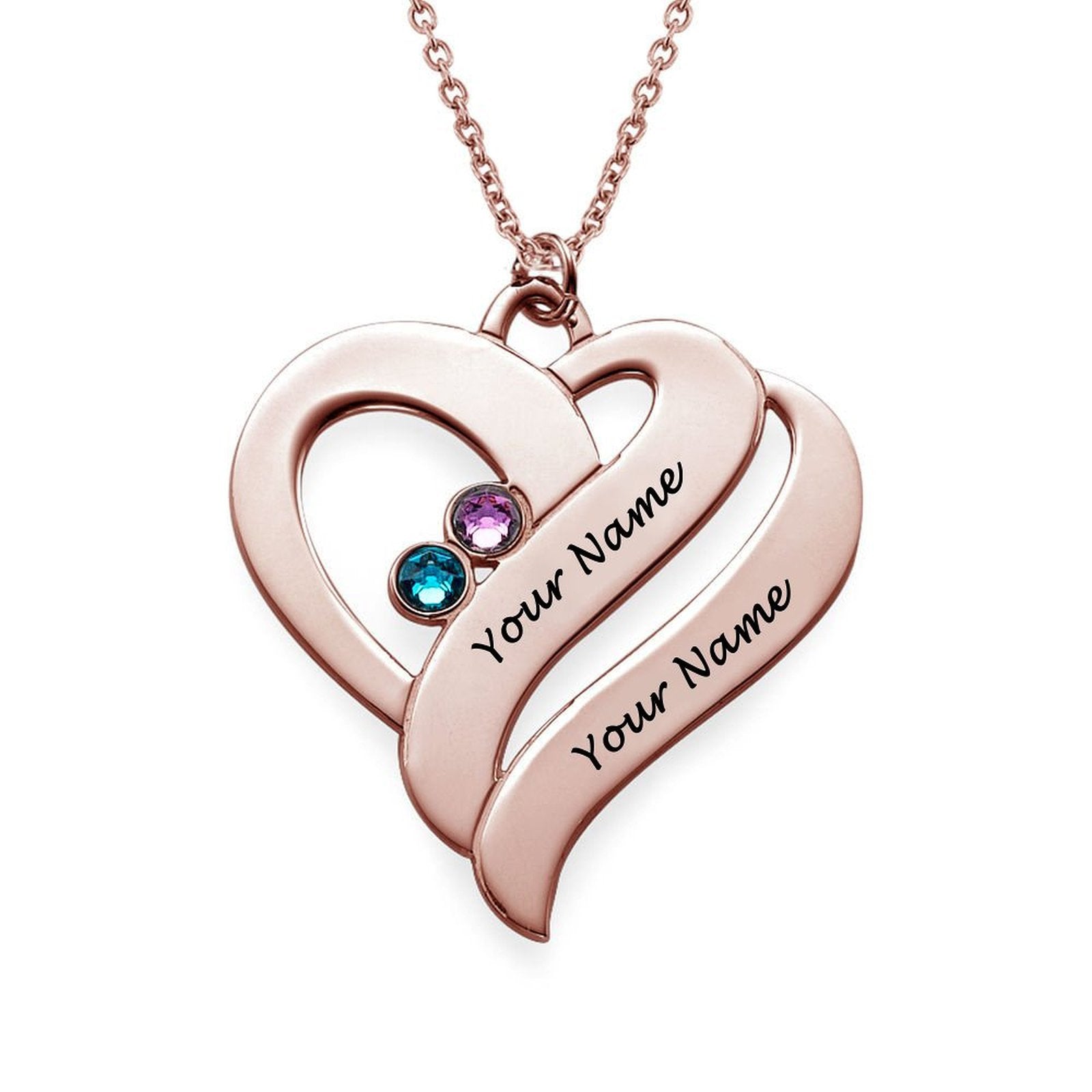 Rose gold personalized name necklace with birthstones, heart pendant, and custom names for her