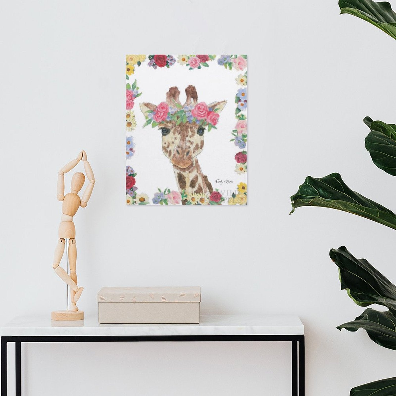 Giraffe canvas print with floral crown, perfect for home decor, featuring MyArtsyGift's wall art