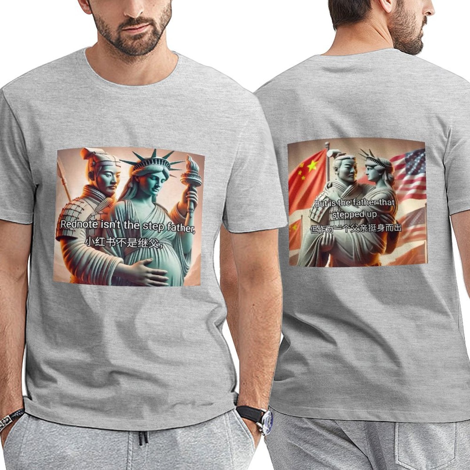 Unisex grey cotton t-shirt with Rednote meme featuring Statue of Liberty and Chinese soldier, ideal for men and women.
