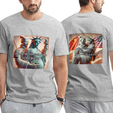 Unisex grey cotton t-shirt with Rednote meme featuring Statue of Liberty and Chinese soldier, ideal for men and women.