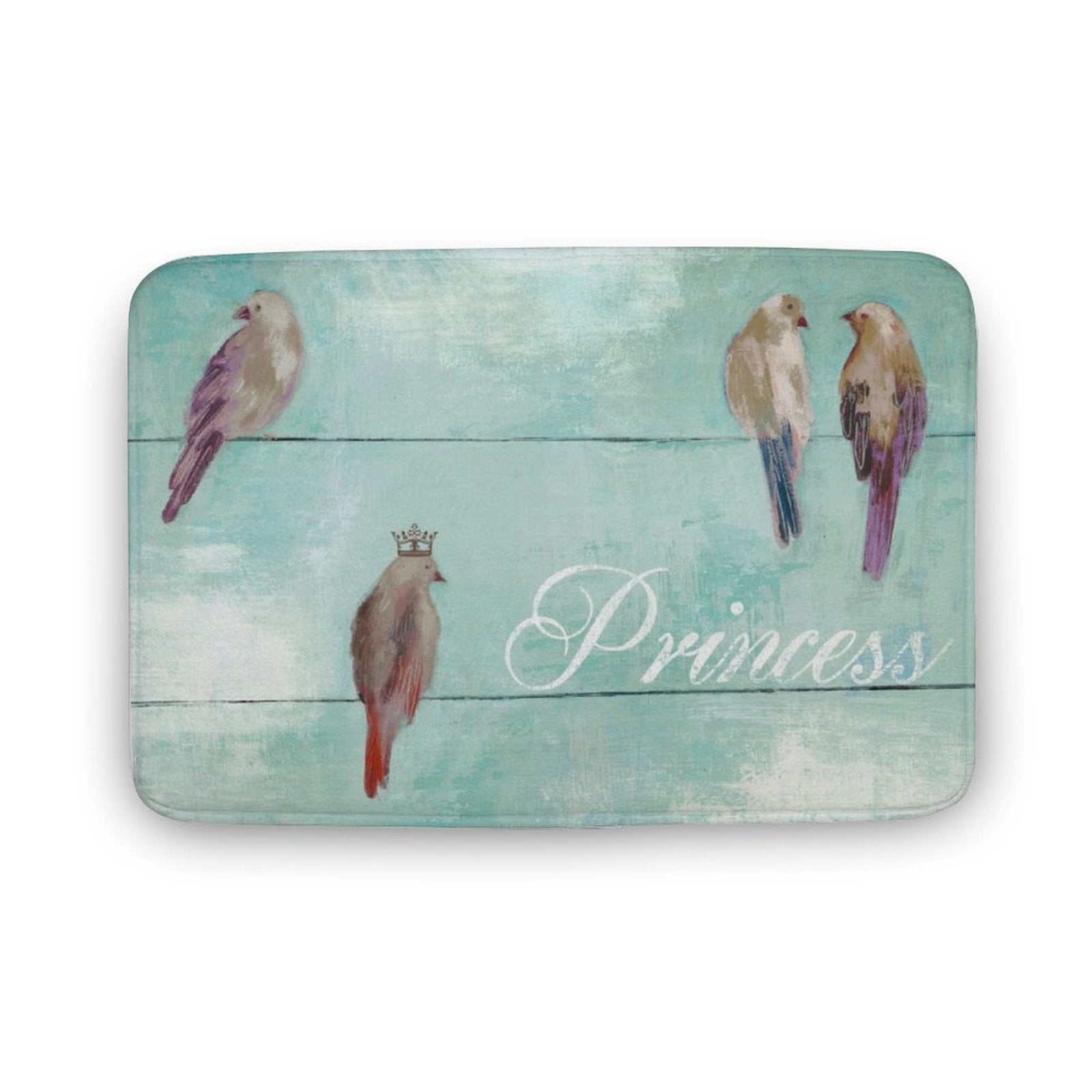 Coral velvet bath rug with a princess bird design on blue wood background for bathroom decor