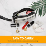 Lychee leather cosmetic bag, black and white, with makeup products. Easy to carry for travel.