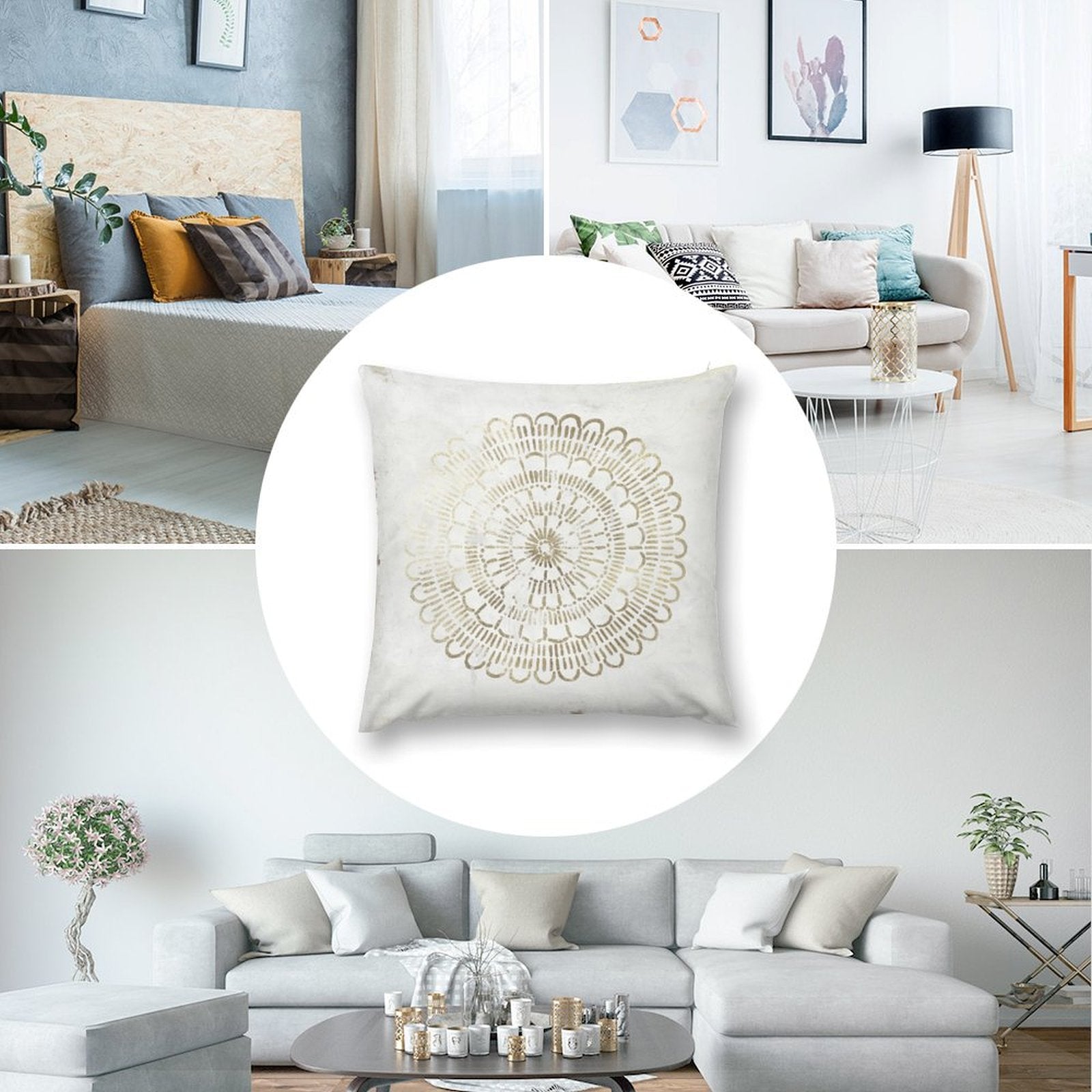 White plush pillow cover with gold mandala design for sofa or couch, part of MyArtsyGift's home decor collection.