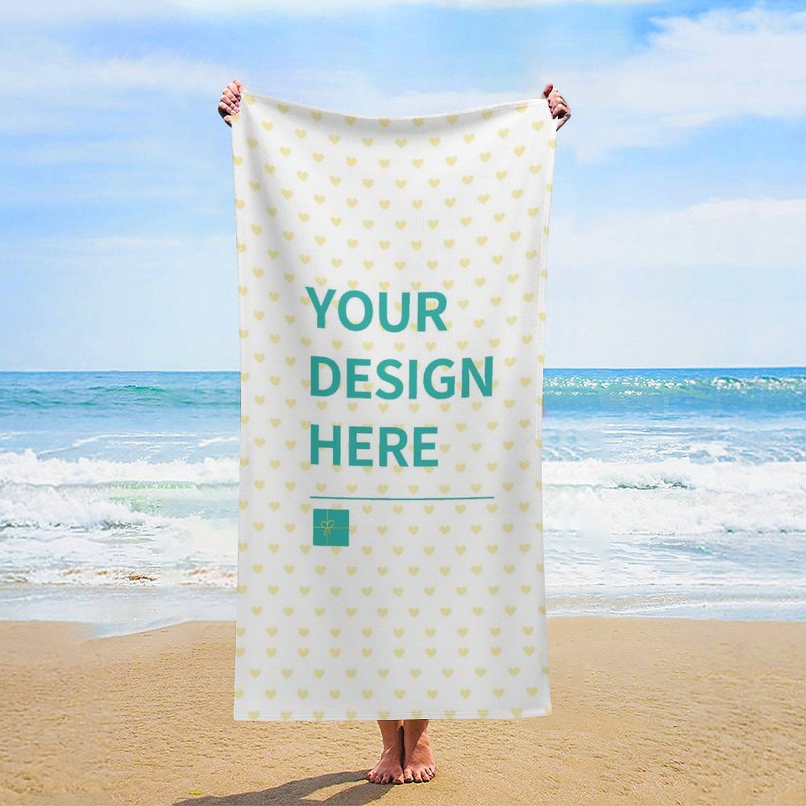 Customizable microfiber beach towel with 'Your Design Here' text, perfect for gifts and beach accessories.