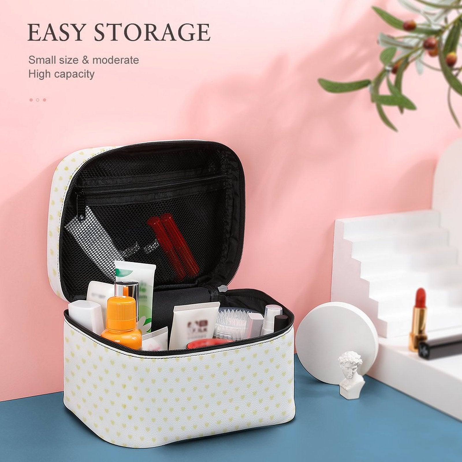 Lychee pattern makeup bag with 'EASY STORAGE' text, high capacity, travel makeup organizer