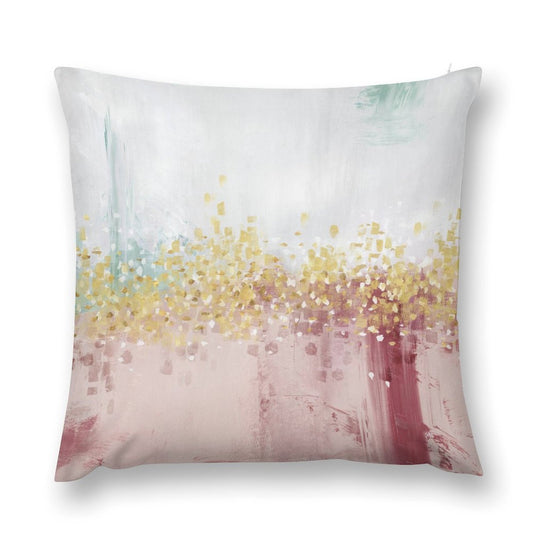 Abstract art plush pillow cover in pink, gold, and turquoise, a decorative accent for the sofa or couch.