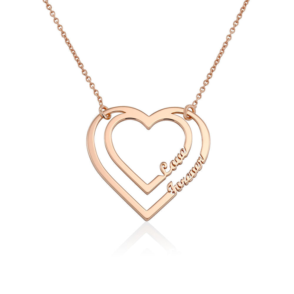 Personalized rose gold double heart necklace with "Love Forever", custom gift for women.