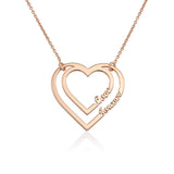 Personalized rose gold double heart necklace with "Love Forever", custom gift for women.