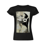 Black women's graphic t-shirt featuring an art print of woman with headphones, star design; a perfect gift.