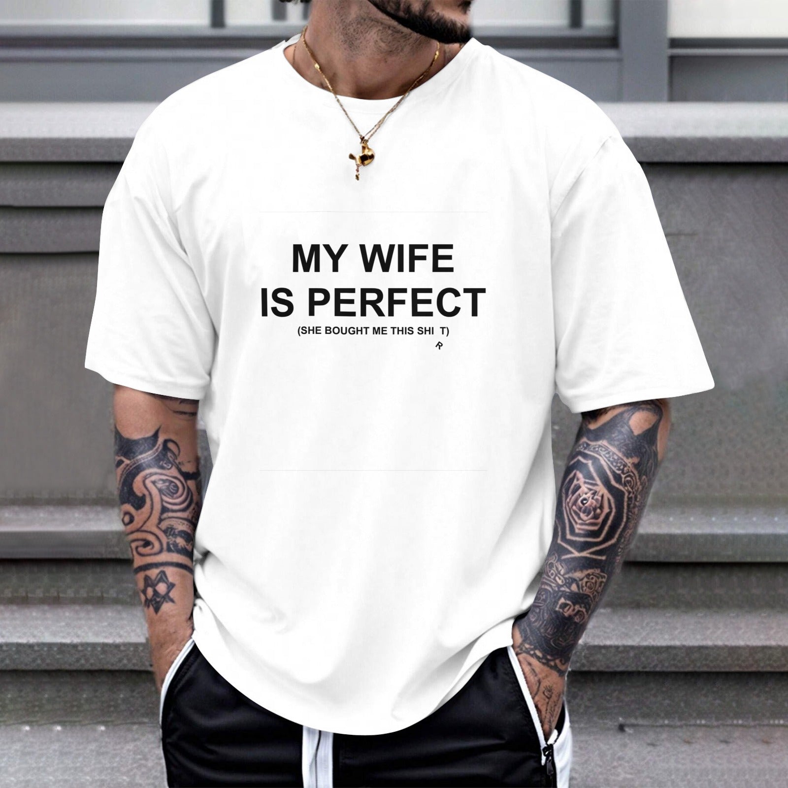 White unisex Gildan t-shirt with "MY WIFE IS PERFECT" text, perfect gift for wife, cotton material.
