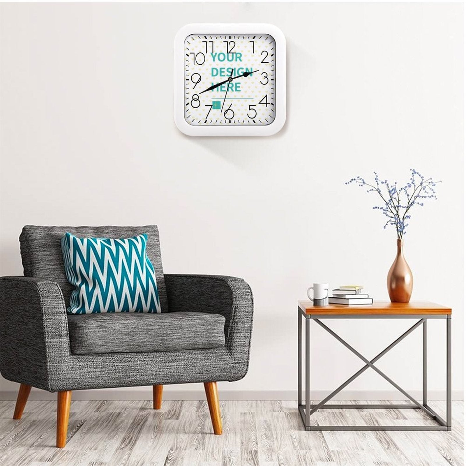 Custom square photo wall clock with 'YOUR DESIGN HERE', white frame, for home decor, silent