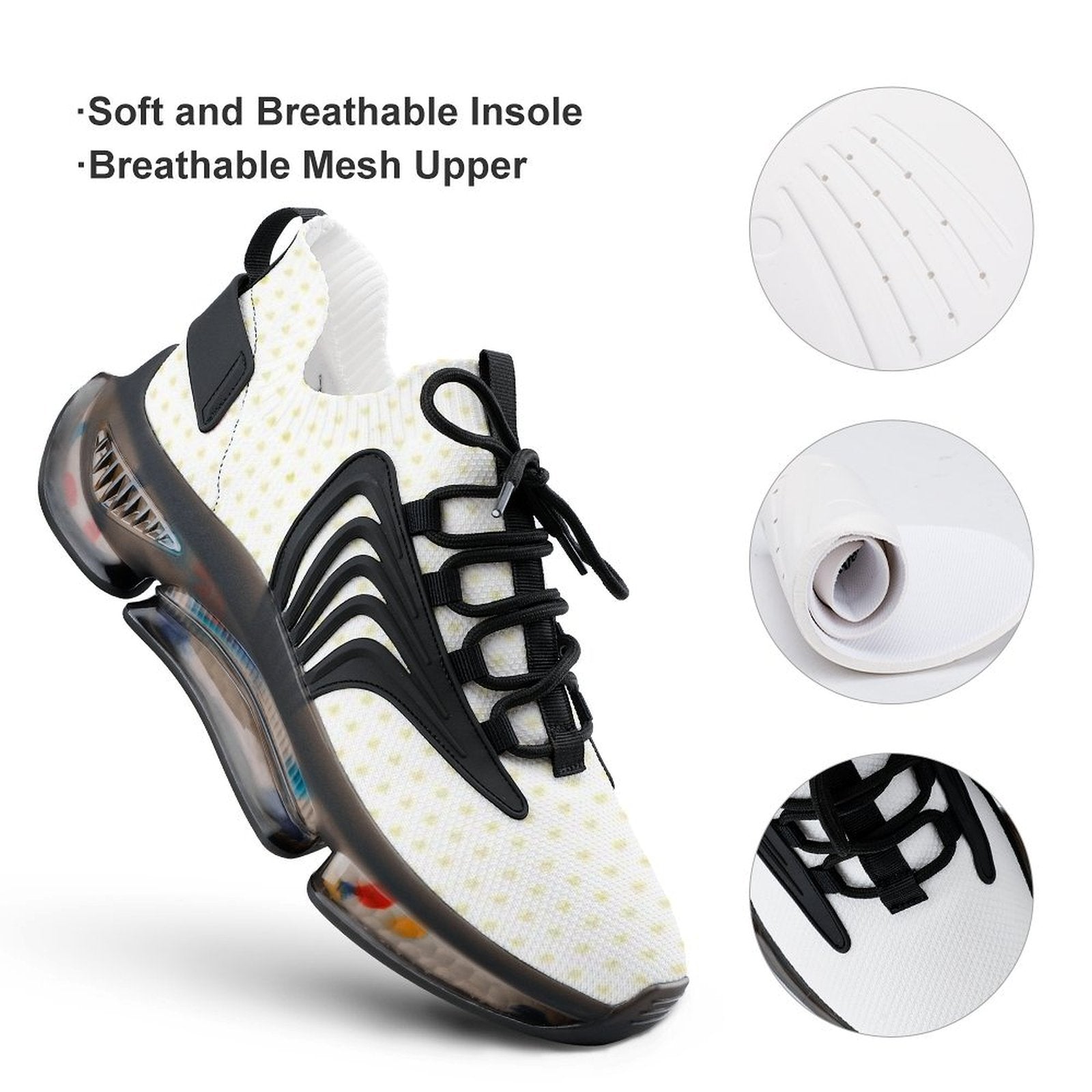 Women's white and black custom running shoes with breathable mesh upper and soft insole, perfect for sports.