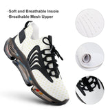 Women's white and black custom running shoes with breathable mesh upper and soft insole, perfect for sports.