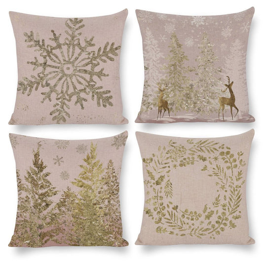Set of 4 Cotton Linen Pillow Cases, Christmas themed with snowflake, trees and deer designs, a warm living room decor