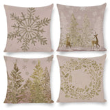 Set of 4 Cotton Linen Pillow Cases, Christmas themed with snowflake, trees and deer designs, a warm living room decor