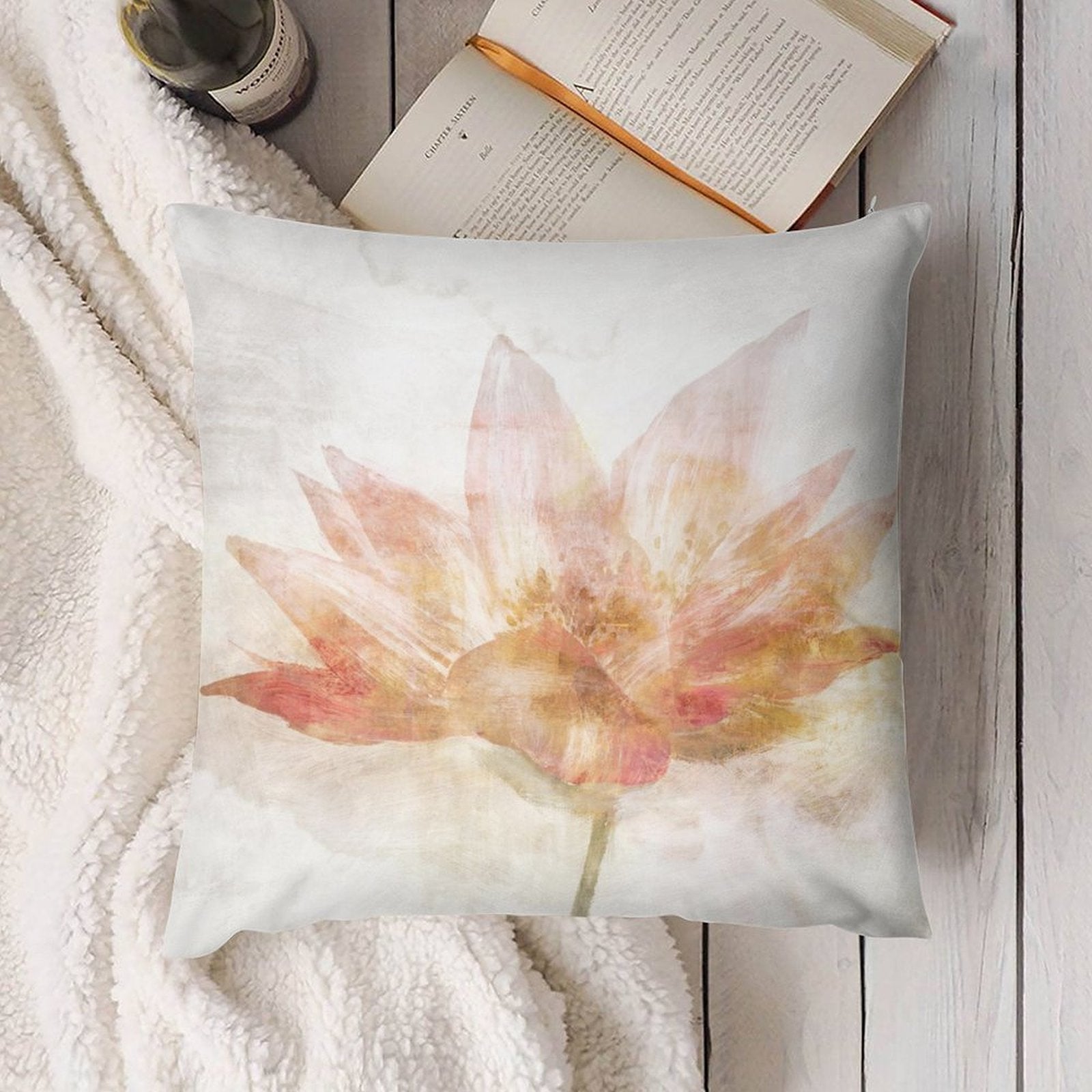 Floral throw pillow cover, peach and gold watercolor art for sofa or couch, short plush material.