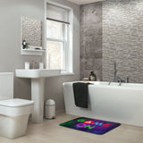 Coral velvet bath rug with neon 'GAME ON' design in a modern bathroom setting, non-slip floor carpet