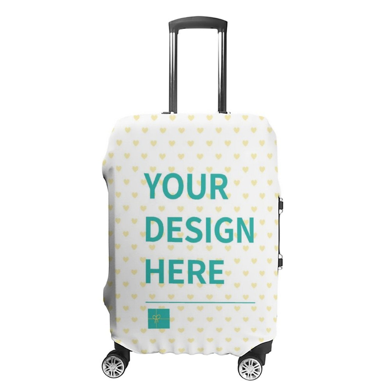 Custom luggage cover with "YOUR DESIGN HERE" text, white with yellow hearts pattern, MyArtsyGift