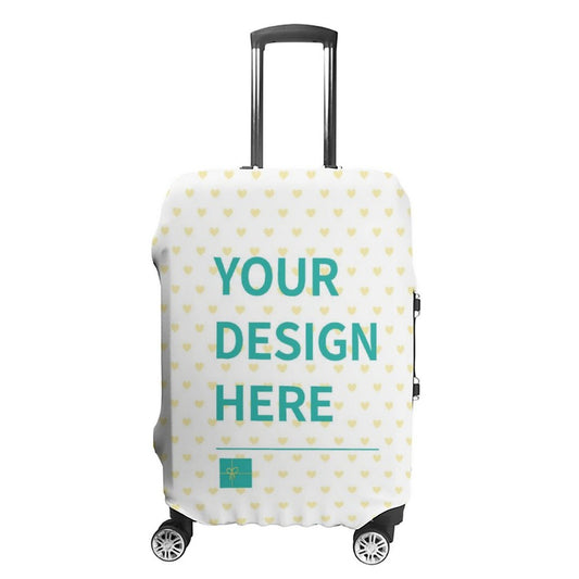 Custom luggage cover with "YOUR DESIGN HERE" text, white with yellow hearts pattern, MyArtsyGift