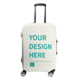 Custom luggage cover with "YOUR DESIGN HERE" text, white with yellow hearts pattern, MyArtsyGift