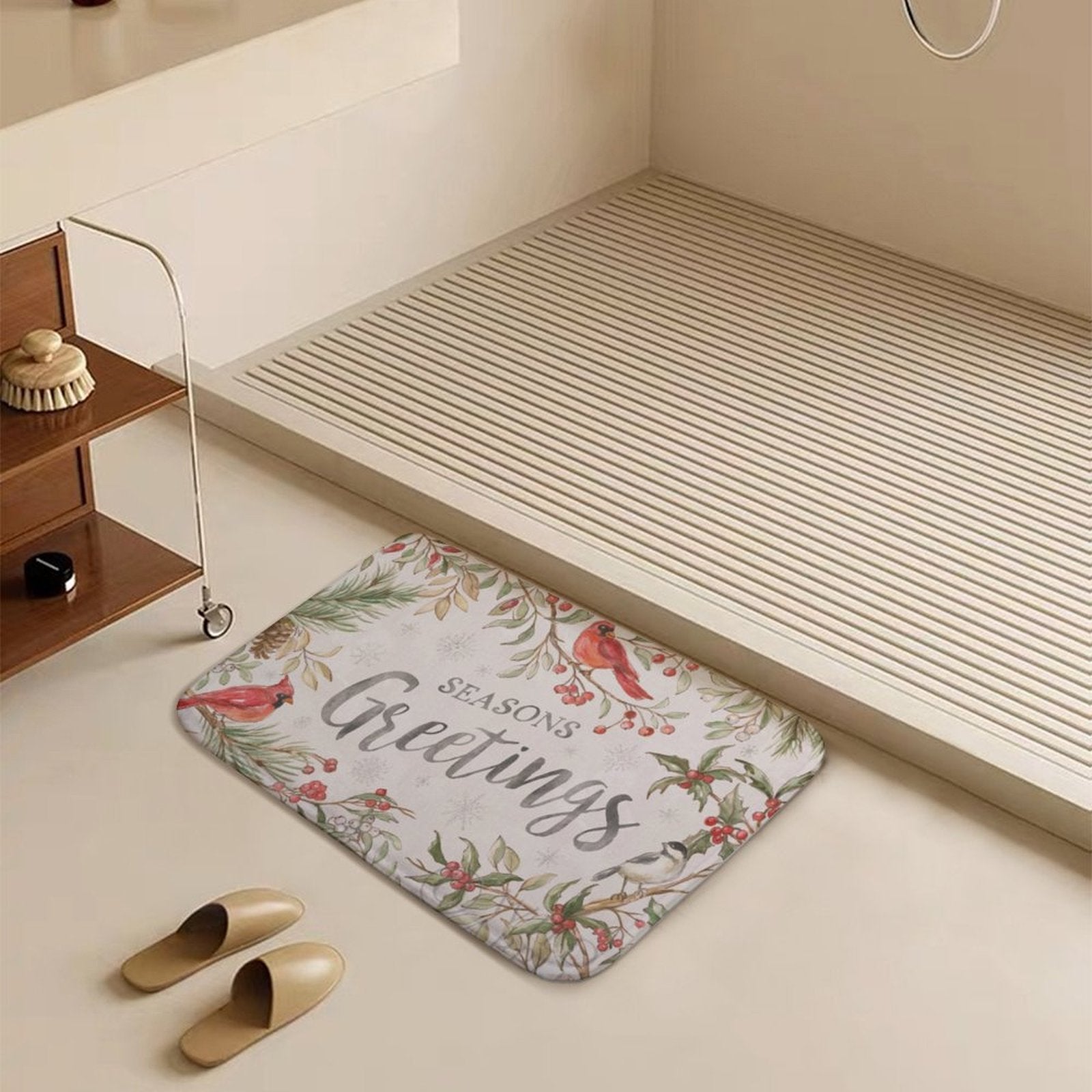 Coral velvet Seasons Greetings bath rug with cardinals and festive design for bathroom