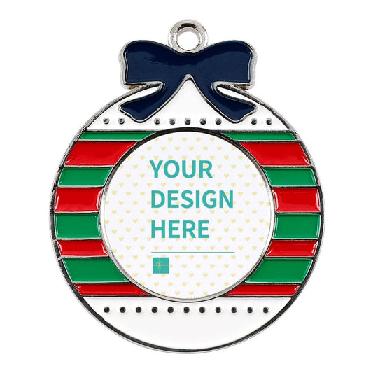 Customizable Christmas ornament: alloy material, red green stripes, and YOUR DESIGN HERE text.