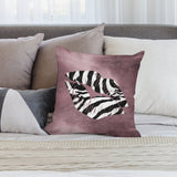 Plush throw pillow cover with zebra print lip design on bed, soft and decorative, perfect for home decor.