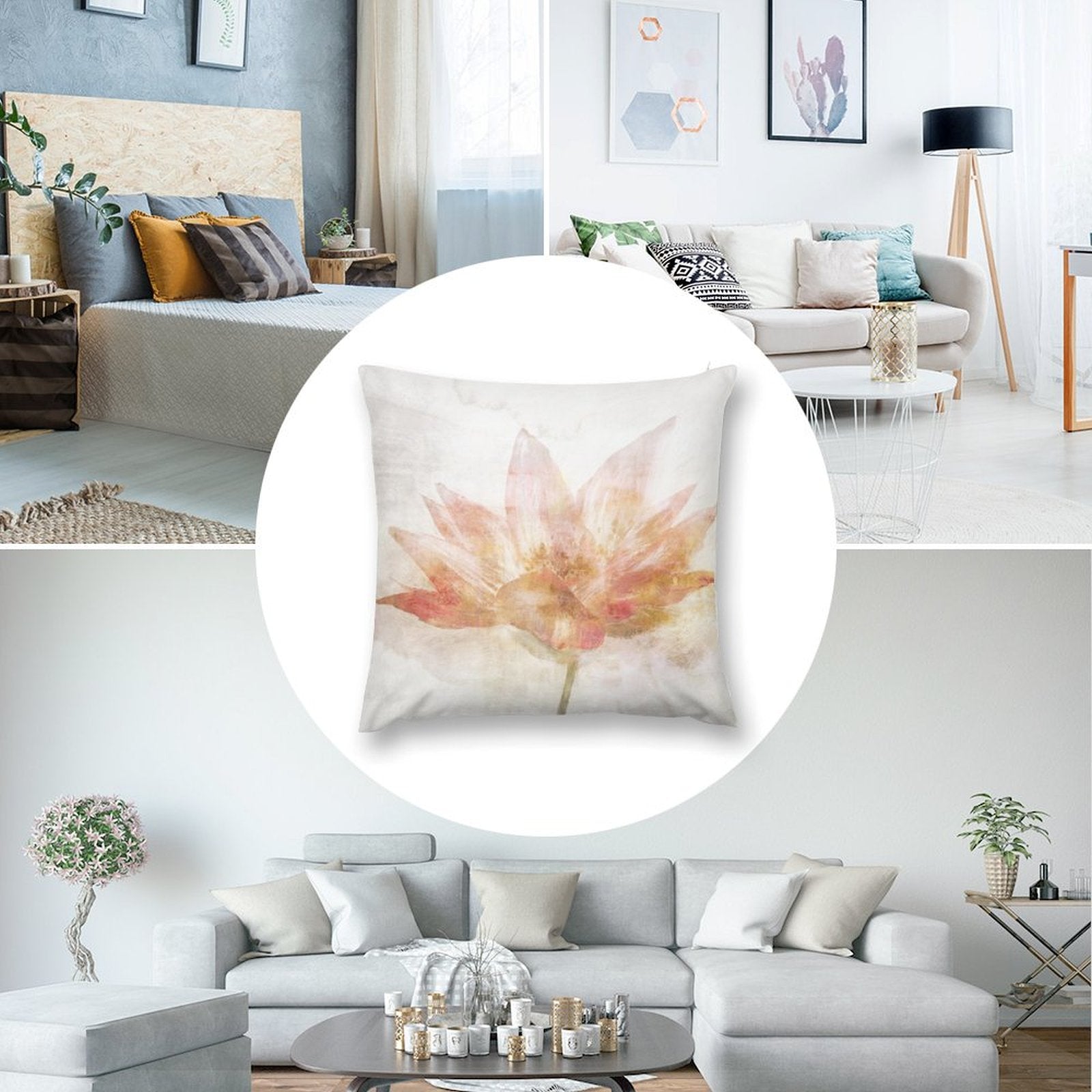 Peach and pink watercolor floral throw pillow cover for sofa, living room, Short plush material.