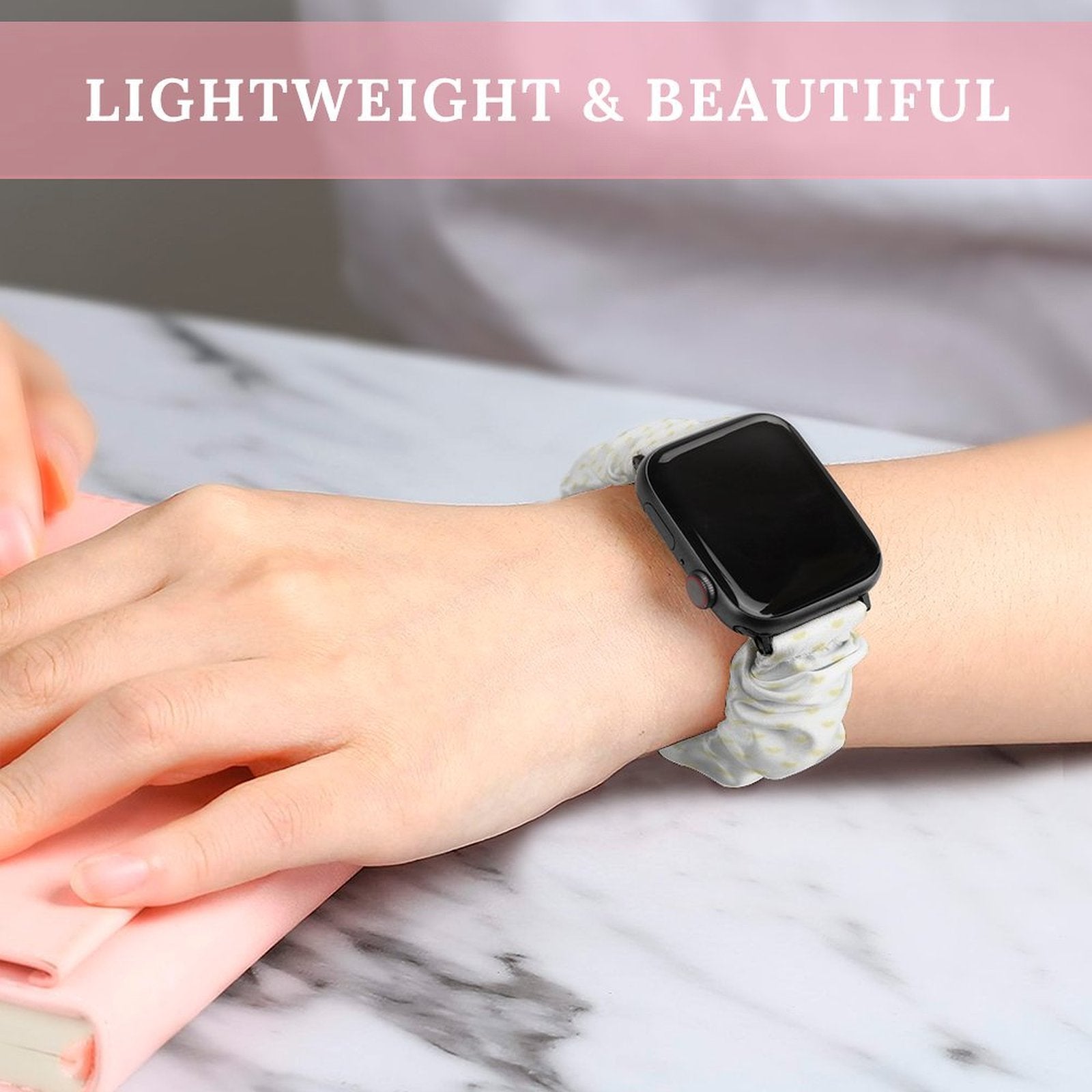 Lightweight polyester Apple Watch band with yellow dot design. Band wraps comfortably on wrist, perfect for iWatch Series