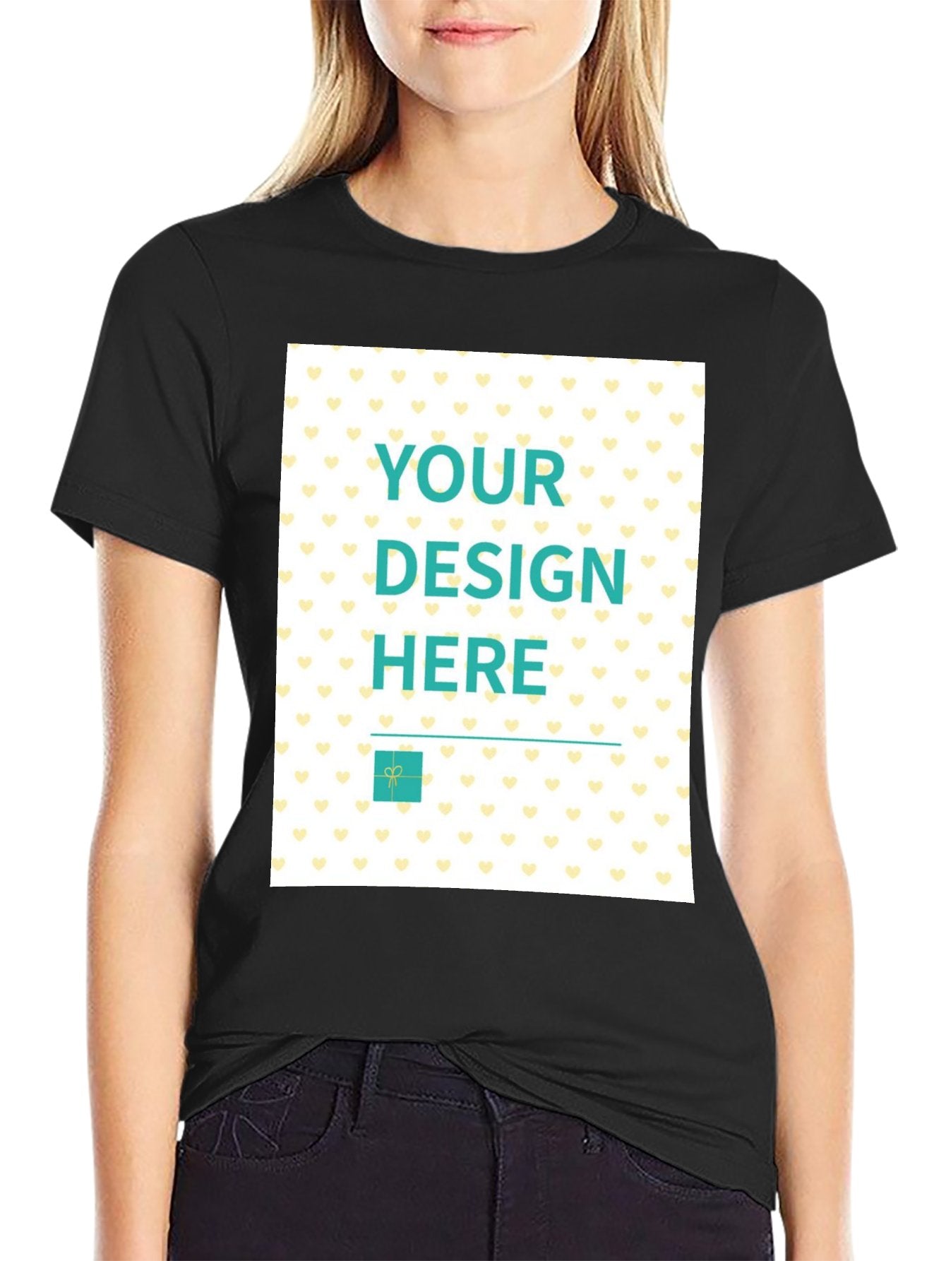 Custom black t-shirt with "YOUR DESIGN HERE" design and heart pattern, perfect for personalization.