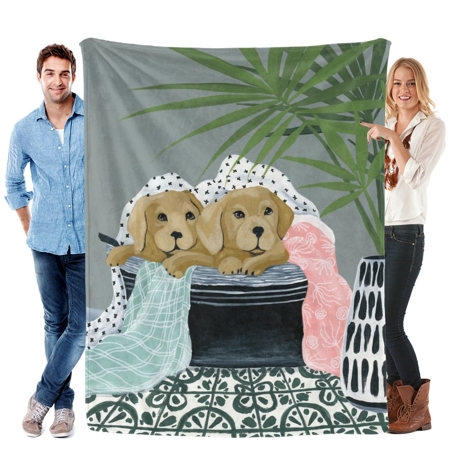 Laundry Dogs Flannel Blanket for sofa. Cozy, USA made with puppy art and soft, warm material.