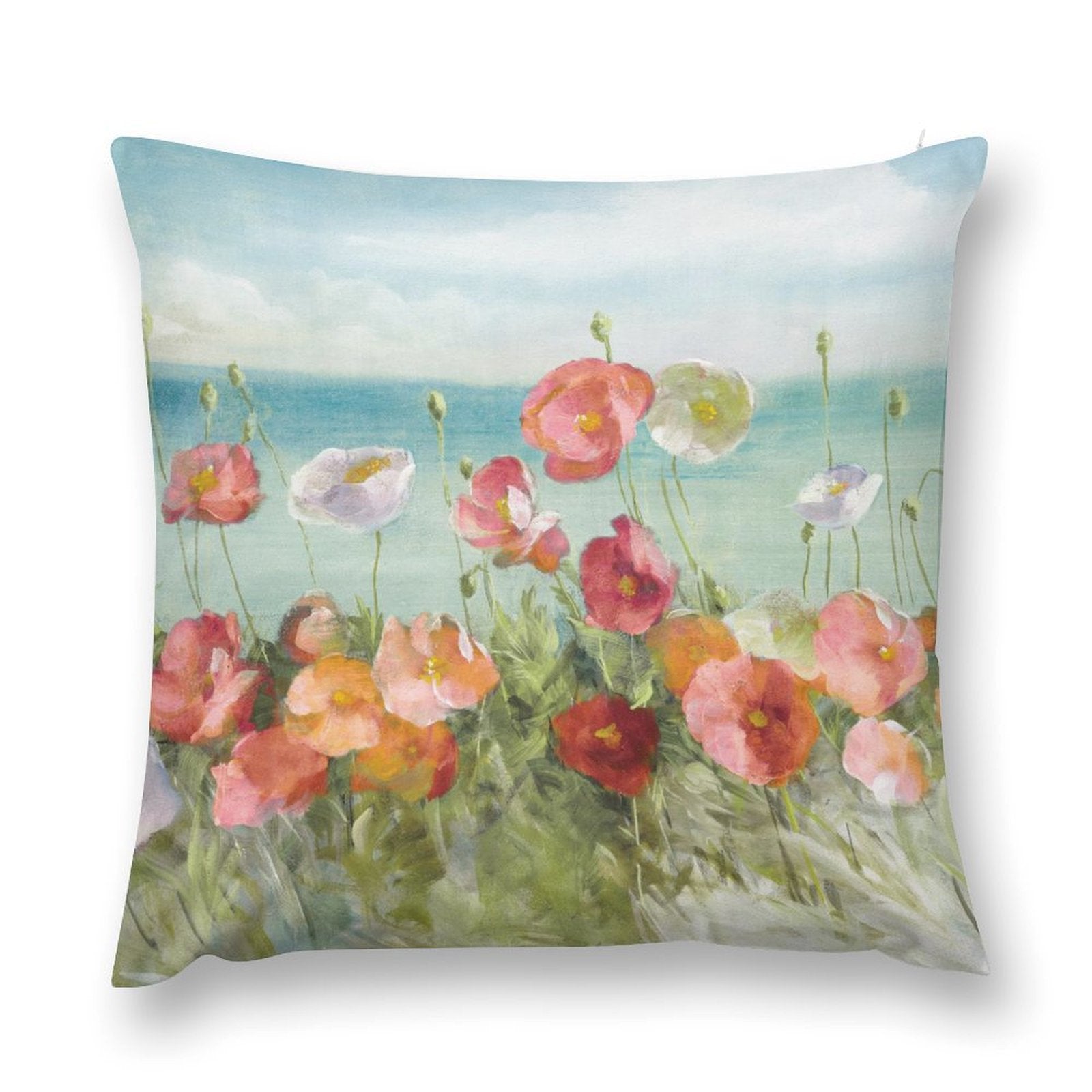 Plush pillow cover with floral art. Pink, red, and white poppies. Decorative for sofa, couch, and living room.
