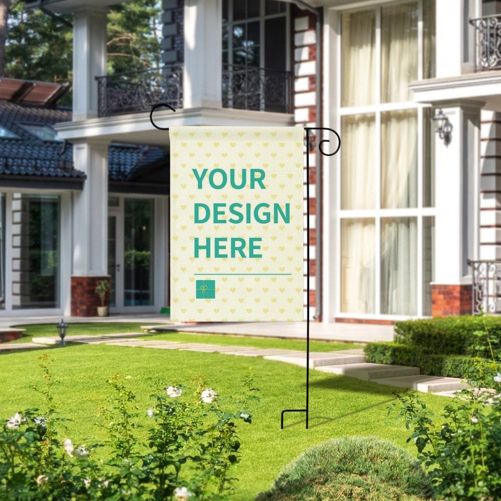 Customizable linen garden flag with 'YOUR DESIGN HERE' message, perfect patio decor.