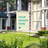 Customizable linen garden flag with 'YOUR DESIGN HERE' message, perfect patio decor.